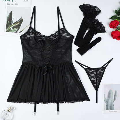 Lace Band Cross Sexy Suspenders Mesh See-through Dress Suit