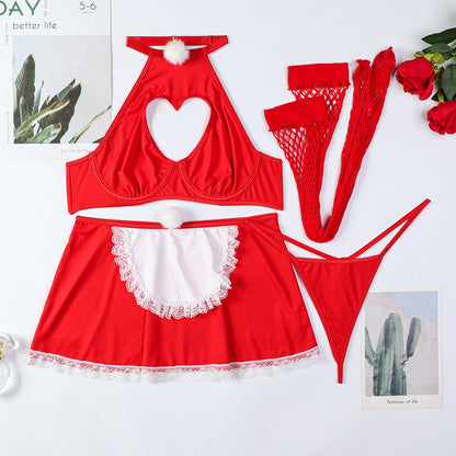 Christmas Red Maid Outfit Halter-neck Heart-shaped Hollow-out Sexy Erotic Four-piece Set