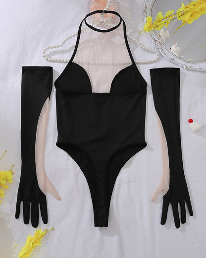 Plunging Nude Mesh Panel Bodysuit
