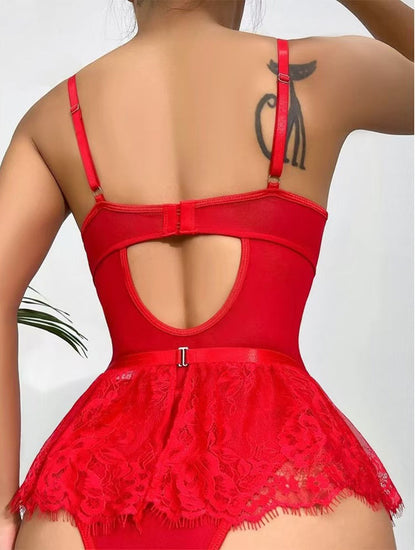 Lace Hollow Out Bodysuit Mini Skirt with Garter