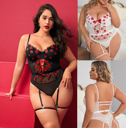 Plus Size Shapewear One-piece with Garter Belt Set Sexy Transparent Lace Lingerie Set