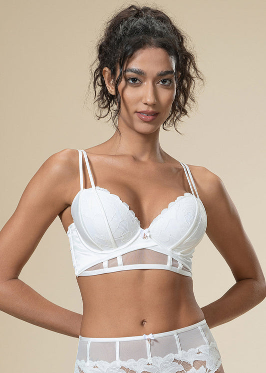Underwired White Lace Long Bra