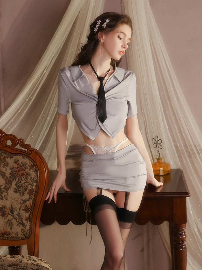 Ruched Crop Shirt and Garter Mini Skirt Set