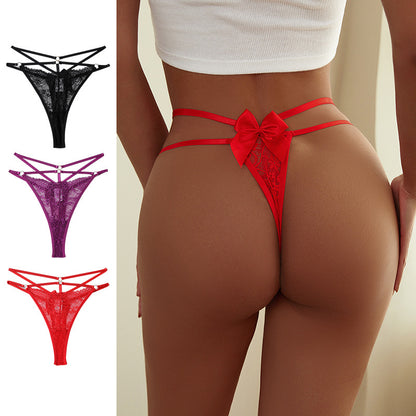 Seductive Women's Floral Lace Mid Waist Thongs Bowknot Detail