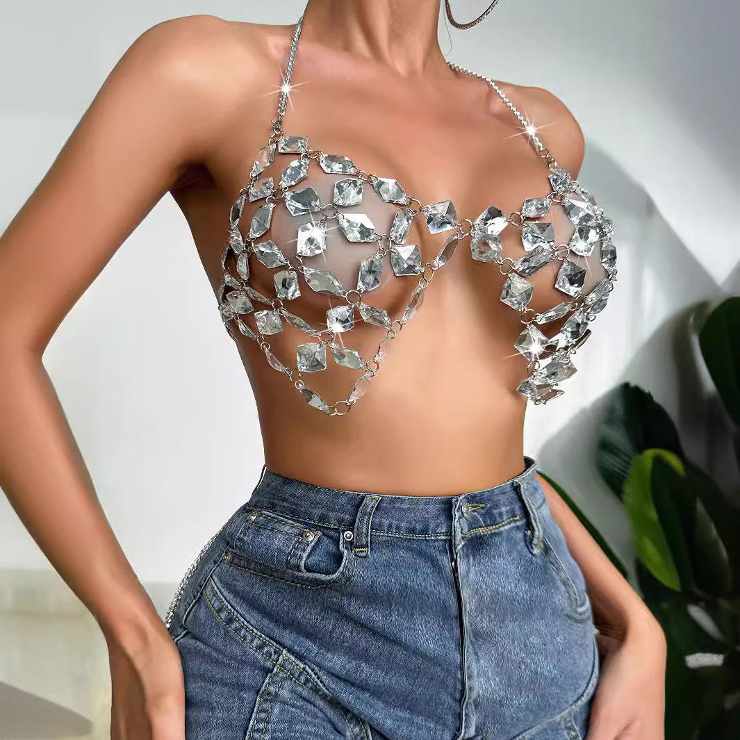 Shiny Crystal Pendant Backless Halter Bra