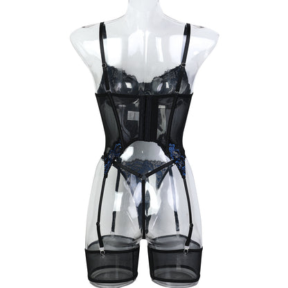 Lace Blue Hit Black Mesh Fabric Stretch Tight Braces Suit