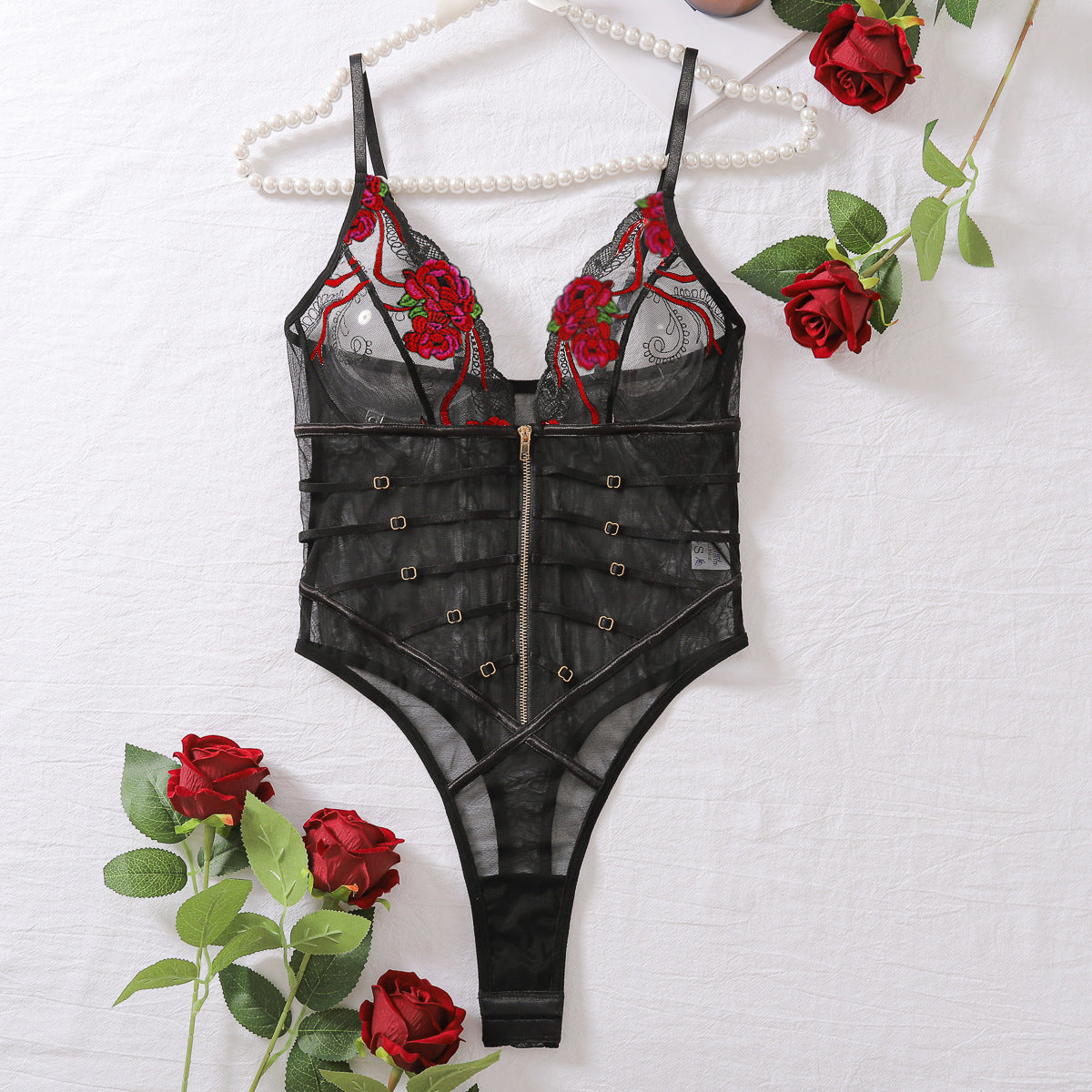 Sexy Lace Mesh Transparent V-neck Hollow-out Erotic Sling Bodysuit
