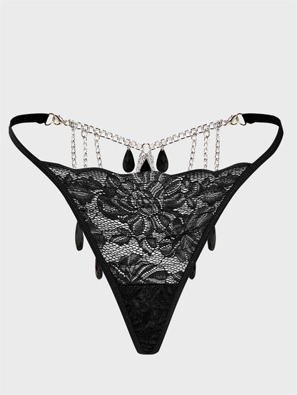 Sexy Women's Thong Lace Water Drop Gem Embellished Breathable