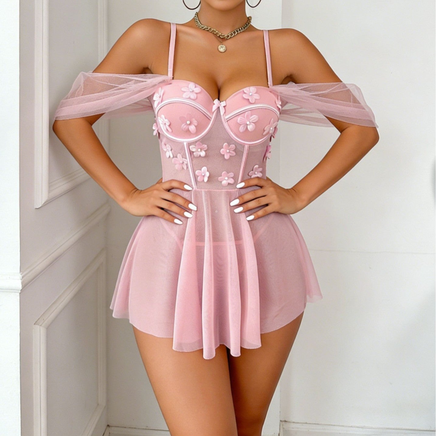 Embroidered Mesh Sleeve Sexy Sling Dress