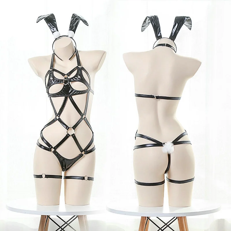 【Free Bunny Ears Headband】SM Bunny Girl Three-piece Leather Sexy Lingerie