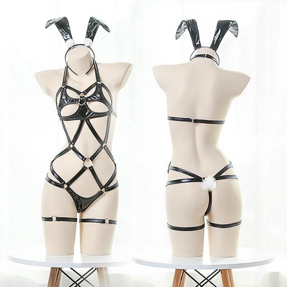 【Free Bunny Ears Headband】SM Bunny Girl Three-piece Leather Sexy Lingerie