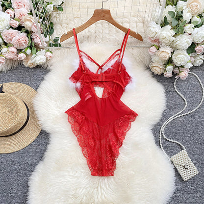 Sexy Lingerie Plush Jumpsuit Temptation Suit Sexy Lace Mesh with Steel Ring