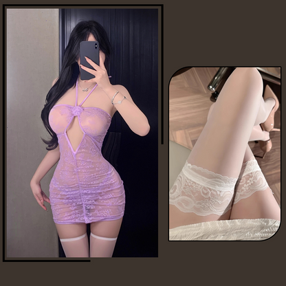 Soft Yarn Lace Hollow out See-through Halter Rose Hip Skirt