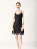 100% Mulberry Silk Sensual V-Neck Lace Nightgown