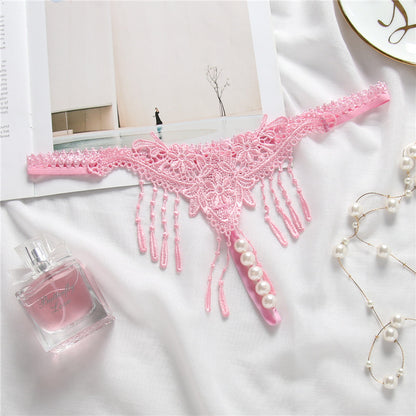 Sexy Embroidered Tassel Pearl Open Crotch Thong