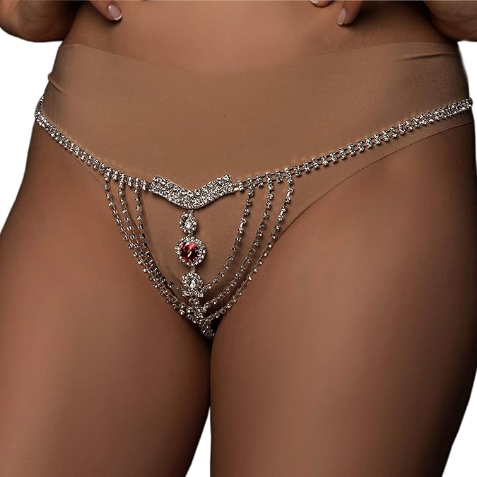 Ruby Belly Waist Chain Jewelry Rhinestone Thong Panties Luxury Rhinestone Underwear G-String