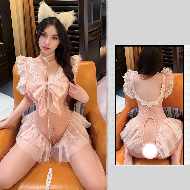 Hand Holding Rope Dot Sexy See-through Open Crotch Sexy Lingerie Set