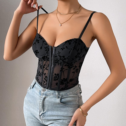 Low-Cut See-through Sling Stitching Mesh Fishbone Girdle Short