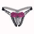 Sexy Open Crotch Mesh Flower Embroidery Thong