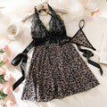 Lace Stitching Leopard Print Mesh Bow Lace Night Skirt Suit