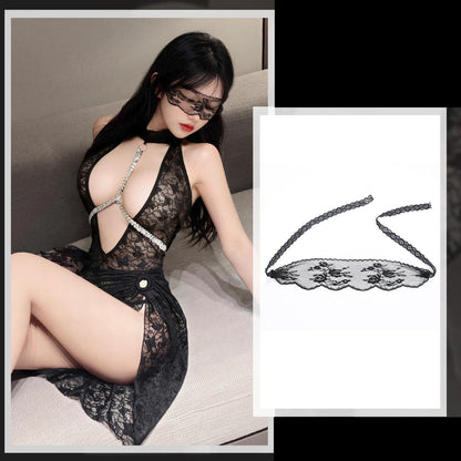 Flash Chain Breastpin Charming See-through Sexy Lace Dress