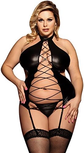 Large Lingerie Set Shiny Faux Leather Lacing-up Tight Hollow-out Sexy Garter Belt One-piece