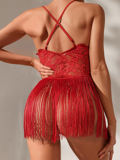 Sexy Lingerie Ensemble Sheer Lace with Deep V-neck Fringe Hem Backless for Alluring Appeal
