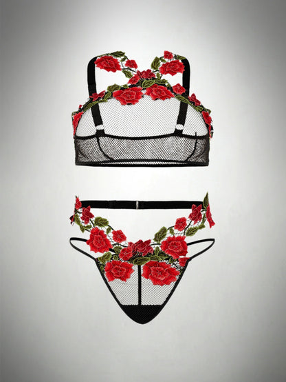 Plus Size Lace Sheer Rose Embroidery Lingerie Set
