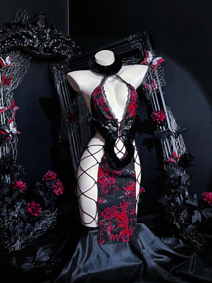 Ancient Style Plush Halter Neck Straps Cheongsam Uniform