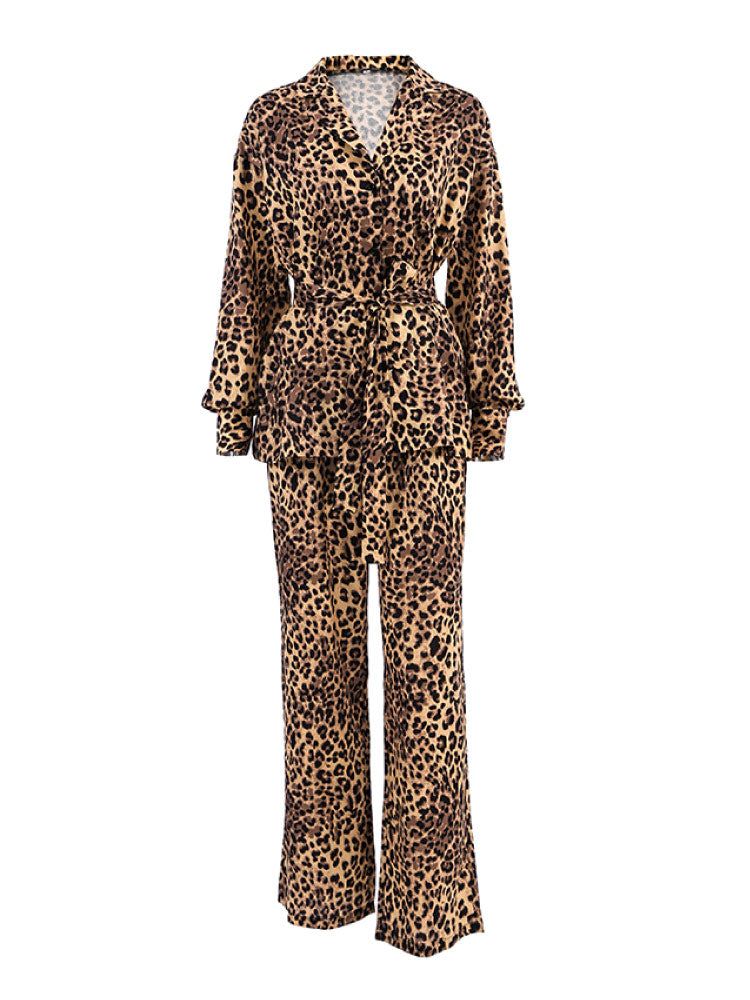 Sexy Leopard Print Cardigan Pajama Set Long Sleeve Robe