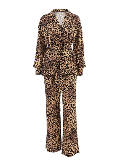 Sexy Leopard Print Cardigan Pajama Set Long Sleeve Robe