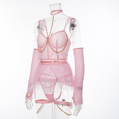 Mesh Neck Hanging Chain Sexy Lingerie Skirt Suit Assembly Gloves