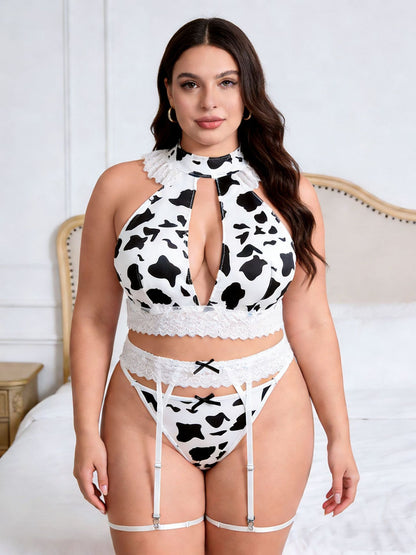 Plus Size Cow Print Lingerie Set