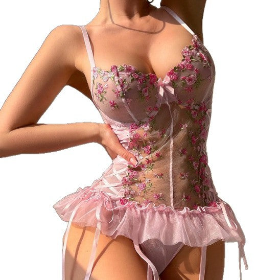 Pink See-through Flower Embroidered Mesh Jumpsuit Suspender Sexy Lingerie
