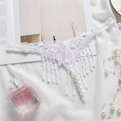 Sexy Embroidered Tassel Pearl Open Crotch Thong