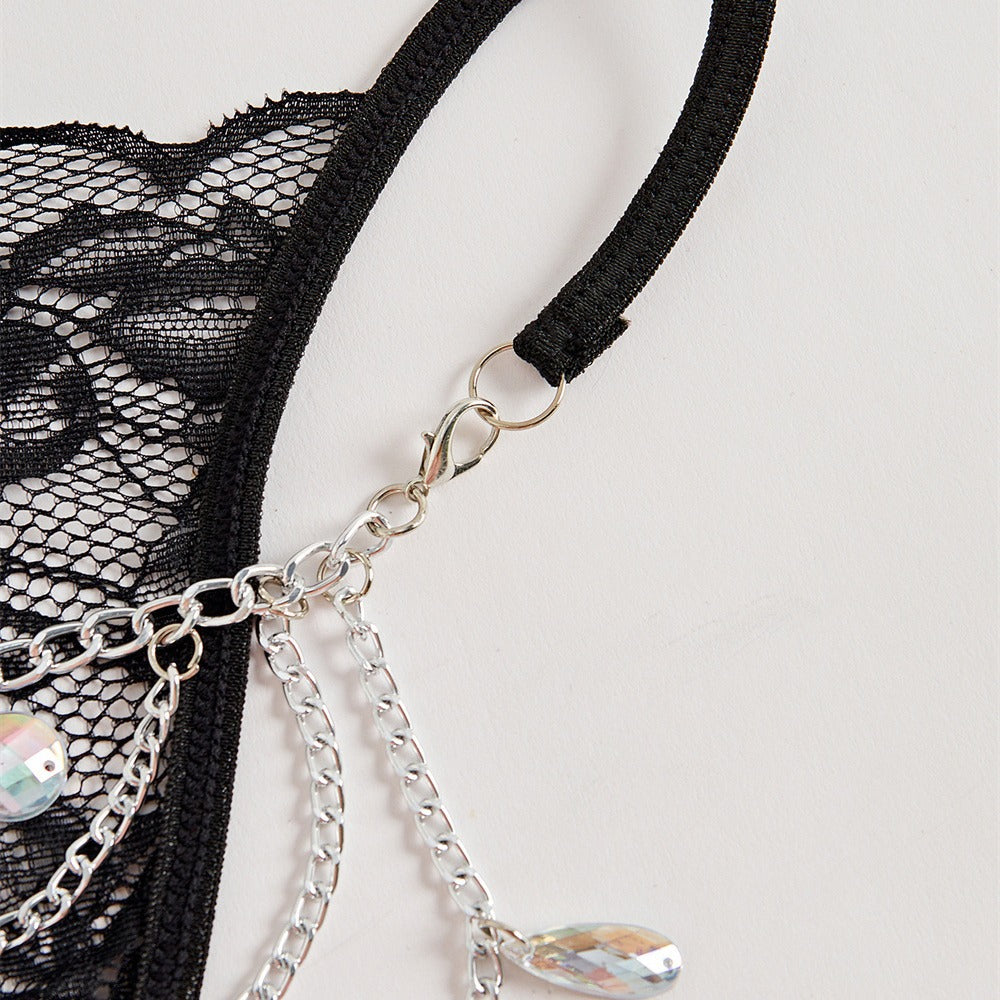 Sexy Women's Thong Lace Water Drop Gem Embellished Breathable