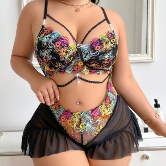 Plus Size Mesh Flower Color Embroidery Sexy Lingerie