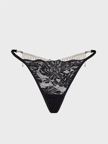 Tantalizing Lace G String Thongs with Metal Rhinestones Fringe Heart Design