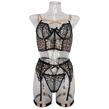 Embroidered Leopard Print Mesh Fashionable Contrasting Color Sexy Lingerie Five Piece Set
