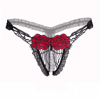 Sexy Open Crotch Mesh Flower Embroidery Thong