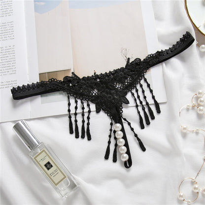 Sexy Embroidered Tassel Pearl Open Crotch Thong