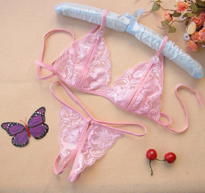 Sexy Transparent Lace Women's Open-Crotch Three-Piece Set Seductive Sexy Lingerie
