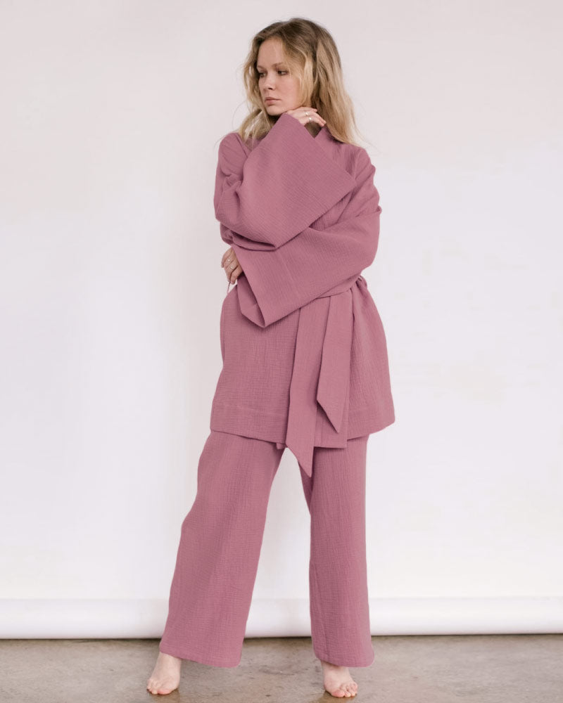 Loose-fit Line Gauze Pajama Bathrobe Set
