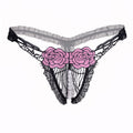 Sexy Open Crotch Mesh Flower Embroidery Thong