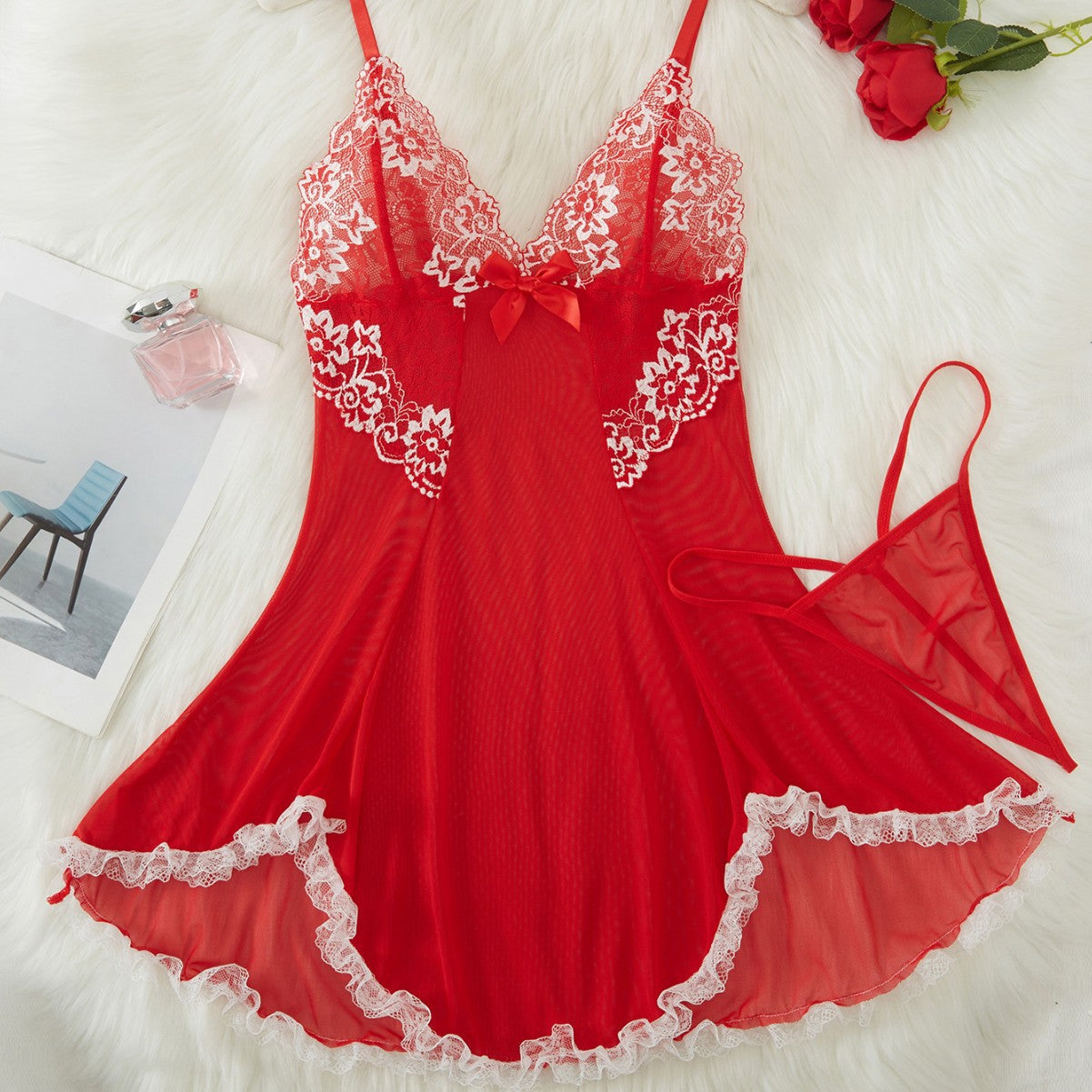 Sexy Erotic Lingerie with Lace Ruffle Design See-Through Sling Nightgown
