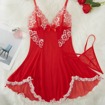Sexy Erotic Lingerie with Lace Ruffle Design See-Through Sling Nightgown