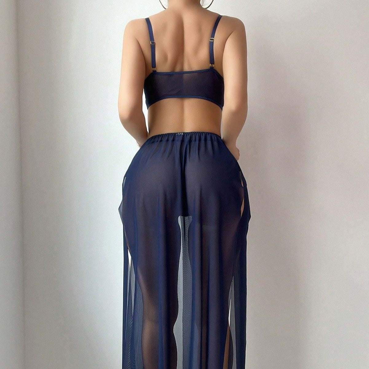 Sheer Mesh Metal Ring Embellished Slit Skirt Set