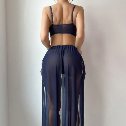 Sheer Mesh Metal Ring Embellished Slit Skirt Set