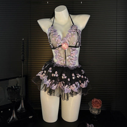 Mesh Rose Embroidered Lace Sling Pure Suit