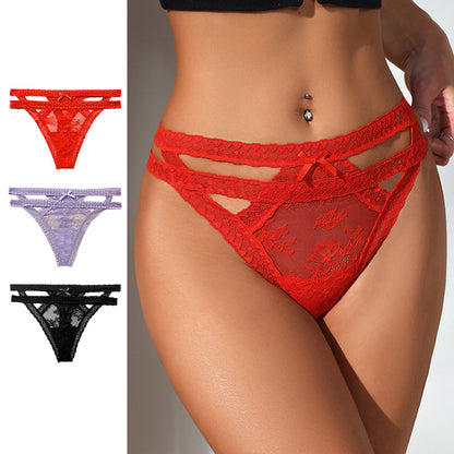 Solid Colors Breathable Tempting Look Sexy Women's Lace Cutout Underwear Set